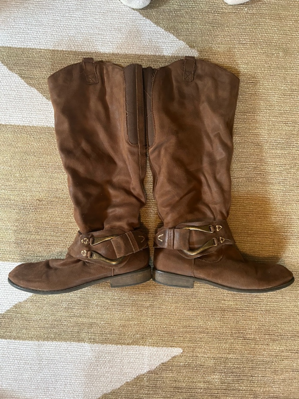Source Unknown Brown Mid-Calf Faux Leather Riding Boots with Buckle Detail